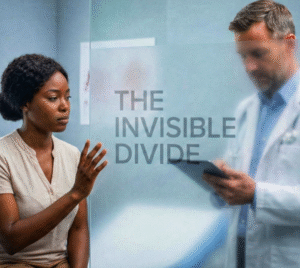 Phot of a Black female patient talking with a white doctor. There is a translucent panel of glass between them and on the panel are the words, "The Invisible Divide"