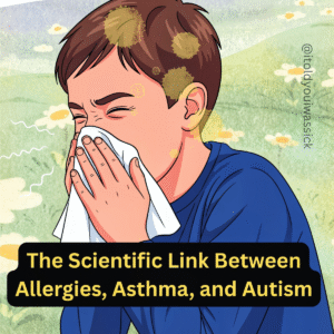 Little boy in a blue shirt blowing his nose. There's a field of flowers in the background and pollen swirling around him