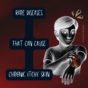 Graphic of a young man scratching his skin while fire appears to burn from it. White text on black background overlaid over a dark red gradient 